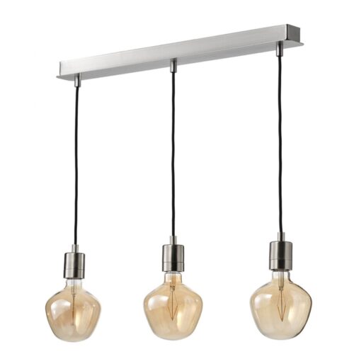 Pendant lamp with light bulb, rectangle nickel-plated/bell-shaped brown clear glass
